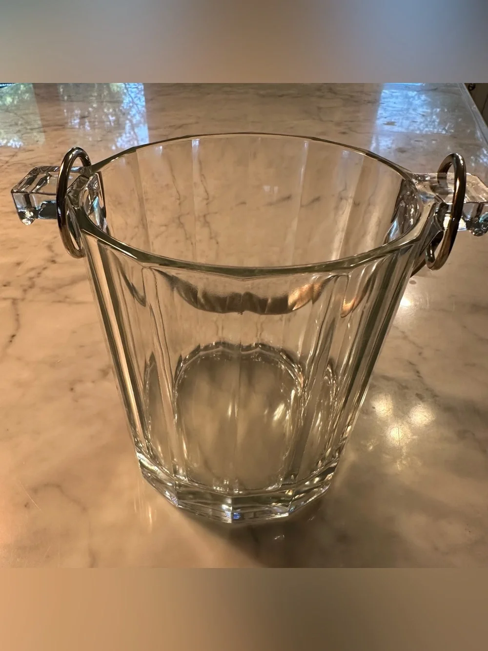 Vintage Italian Clear Glass Ice Bucket, Silver Plated Handle 5.25
